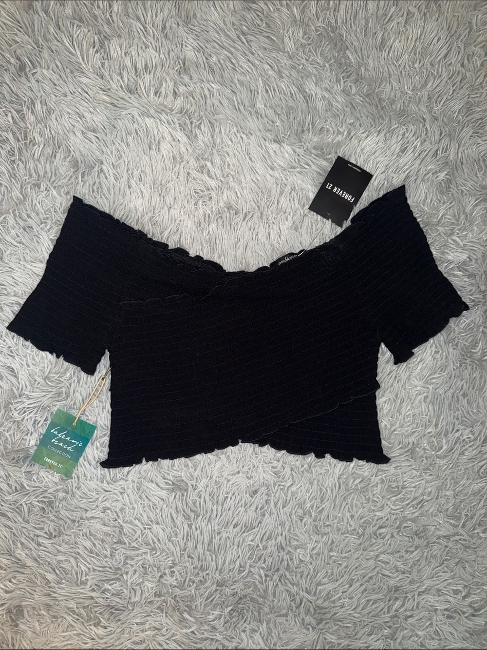 NWT Forever 21 Black Off-Shoulder Ribbed Lettuce-Edge Crop Top